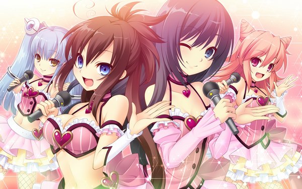 Anime picture 1920x1200 with chu x chu idol 2 prismatic princess union stars nakauchi chiyu takamachi yukino ruuchu astram long hair highres open mouth blue eyes black hair smile red eyes wide image twintails bare shoulders multiple girls yellow eyes blue hair pink hair game cg