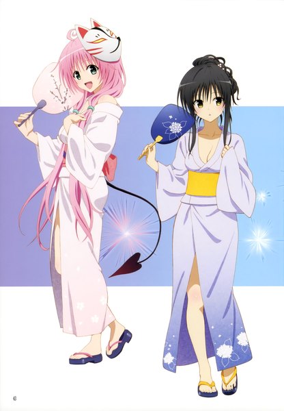 Anime picture 2846x4101 with toloveru toloveru darkness xebec momo velia deviluke kotegawa yui long hair tall image highres blue eyes black hair multiple girls yellow eyes pink hair ahoge tail traditional clothes japanese clothes scan alternate hairstyle mask on head