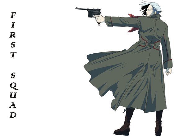 Anime picture 6521x4833 with first squad nakata hirofumi single highres simple background white background absurdres white hair multicolored hair from behind boy weapon boots gun coat fist