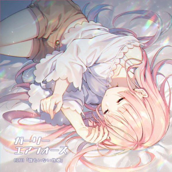 Anime picture 1416x1416 with girly air force gripen (girly air force) toosaka asagi single long hair blush fringe pink hair lying eyes closed fingernails from above copyright name lens flare on side sleeping upside down girl shorts short shorts