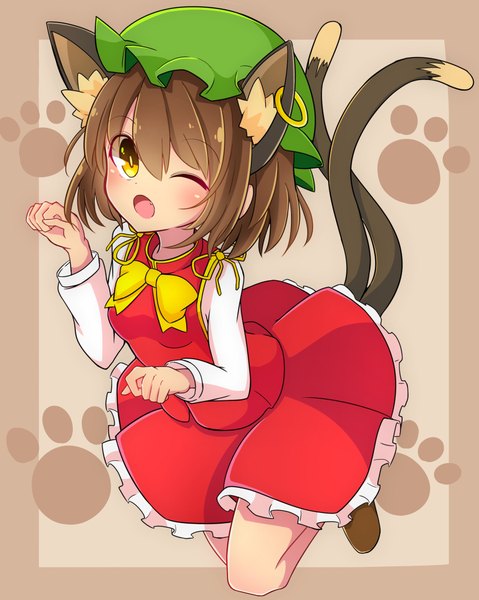 Anime picture 1818x2277 with touhou chen inon single tall image looking at viewer blush fringe highres short hair open mouth hair between eyes brown hair animal ears yellow eyes tail animal tail cat ears cat tail fang (fangs)