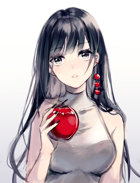 Anime picture 992x1296 with original itsia single long hair tall image looking at viewer blush fringe breasts black hair simple background upper body blunt bangs nail polish parted lips gradient background white eyes girl food fruit
