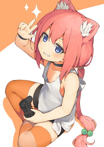 Anime picture 1447x2047 with virtual youtuber hinata channel nekomiya hinata seramikku single long hair tall image fringe blue eyes hair between eyes sitting animal ears pink hair from above cat ears victory looking up low ponytail indian style different thighhighs