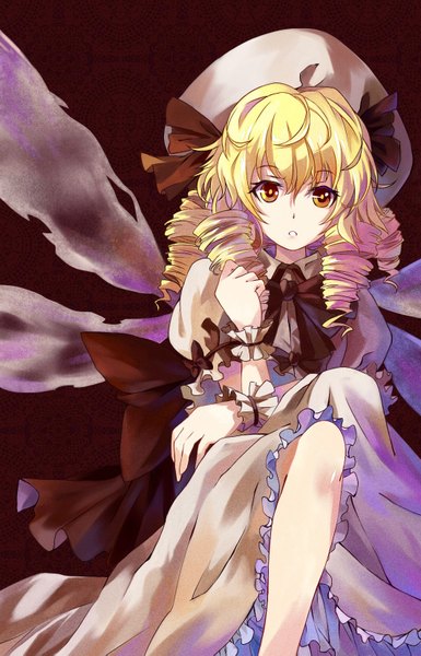 Anime picture 1062x1653 with touhou luna child neko (yanshoujie) single long hair tall image looking at viewer blonde hair sitting yellow eyes drill hair girl dress bow hat wings