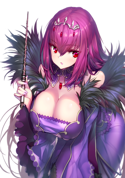 Anime picture 2894x4093 with fate (series) fate/grand order scathach (fate) (all) scathach skadi (fate) hong (white spider) single long hair tall image blush fringe highres open mouth light erotic simple background hair between eyes red eyes standing white background holding looking away