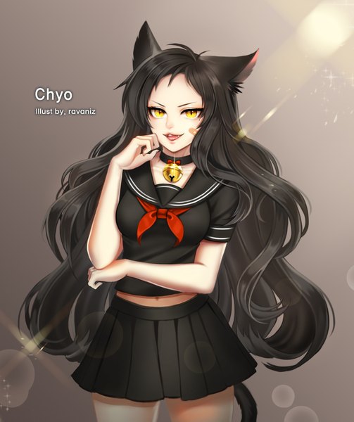 Anime picture 1502x1791 with original ravaniz single long hair tall image looking at viewer open mouth black hair simple background standing signed animal ears yellow eyes ahoge tail animal tail pleated skirt cat ears grey background mole