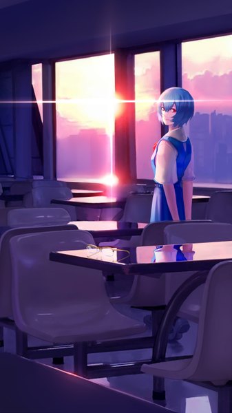 Anime picture 1600x2844 with neon genesis evangelion gainax ayanami rei wei ji single tall image short hair red eyes blue hair indoors hands behind back girl uniform school uniform glasses chair table sun