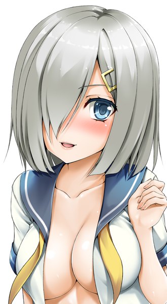 Anime picture 1145x2079 with kantai collection hamakaze destroyer toranoo single tall image looking at viewer blush fringe short hair breasts blue eyes light erotic simple background large breasts white background silver hair hair over one eye open shirt girl uniform