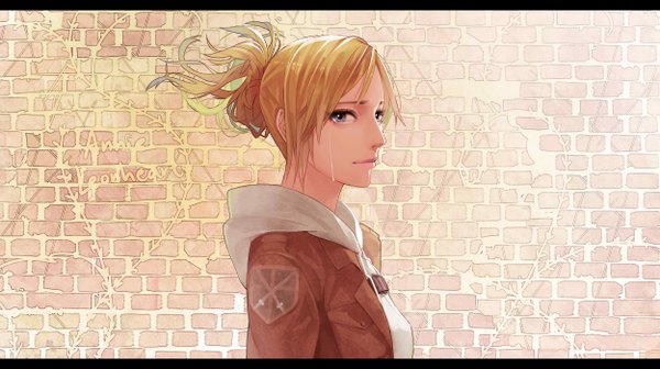 Anime picture 2500x1400 with shingeki no kyojin production i.g annie leonhart gamma (geoffrey) single long hair looking at viewer fringe highres blue eyes blonde hair wide image profile lips character names girl hood teardrop wall coat of arms