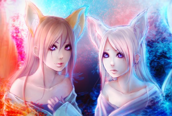 Anime picture 1050x713 with original lio sun (artist) long hair blue eyes brown hair bare shoulders multiple girls animal ears silver hair white hair tail traditional clothes japanese clothes animal tail orange hair couple fox ears fox tail girl thighhighs