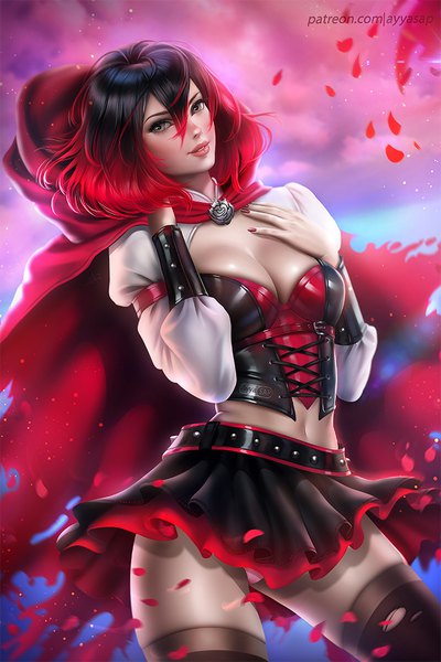 Anime picture 720x1080 with rwby rooster teeth ruby rose ayyasap single tall image looking at viewer blush fringe short hair breasts light erotic black hair hair between eyes signed sky cleavage cloud (clouds) red hair nail polish