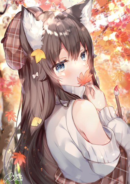 Anime picture 2508x3541 with original rukako single long hair tall image blush highres blue eyes brown hair bare shoulders signed animal ears looking away upper body ahoge outdoors from behind covered mouth autumn girl