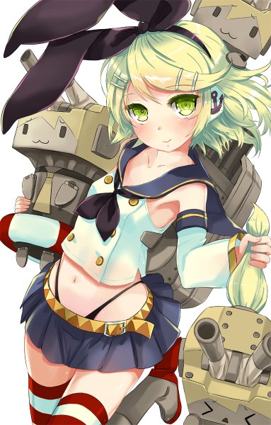 Anime picture 766x1200 with kantai collection vocaloid kagamine rin shimakaze destroyer rensouhou-chan kanipanda single tall image looking at viewer blush short hair simple background blonde hair smile white background green eyes cosplay :3 > < shimakaze (kancolle) (cosplay)