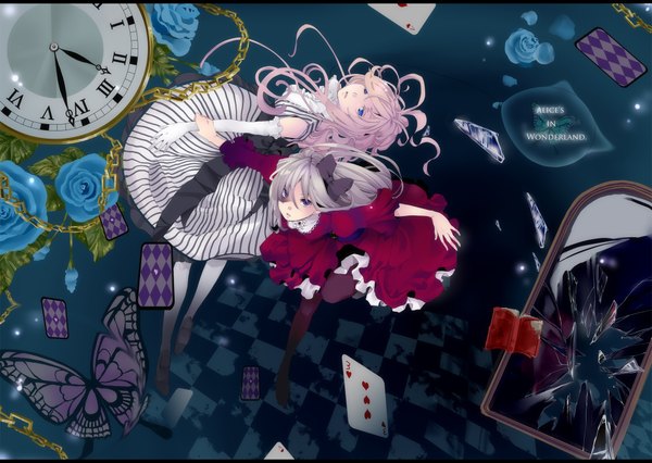 Anime picture 2046x1456 with alice in wonderland kuduq (artist) kudu q long hair highres open mouth blue eyes purple eyes multiple girls pink hair silver hair looking back from behind spread arms striped checkered floor rhombus girl dress gloves