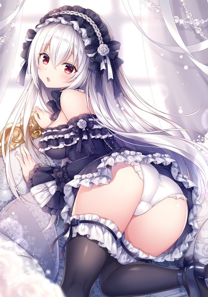 Anime picture 704x1000 with original mitsuba choco single long hair tall image looking at viewer blush fringe breasts open mouth light erotic hair between eyes red eyes silver hair ass looking back from behind :o high heels lolita fashion