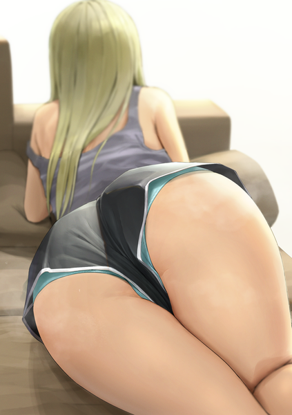 Anime picture 2115x3000 with original ano (gccx8784) single long hair tall image highres light erotic simple background blonde hair white background bare shoulders ass lying from behind blurry pantyshot depth of field strap slip on stomach girl