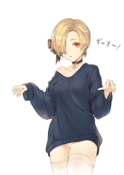 Anime picture 1015x1435 with idolmaster idolmaster cinderella girls shirasaka koume limeblock single tall image looking at viewer fringe short hair breasts light erotic blonde hair simple background standing white background long sleeves hair flower hair over one eye off shoulder inscription