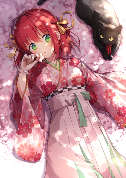 Anime picture 878x1239 with original nonono (nononotea) single tall image looking at viewer blush fringe short hair hair between eyes holding green eyes red hair lying traditional clothes japanese clothes from above wide sleeves on back floral print girl