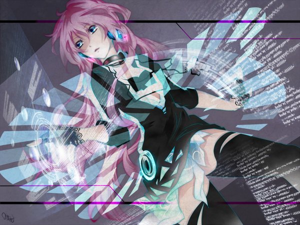 Anime picture 1500x1125 with vocaloid megurine luka tyouya single long hair fringe blue eyes looking away pink hair lying aqua eyes open clothes open shirt girl thighhighs dress gloves black thighhighs headphones fingerless gloves