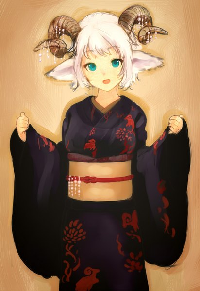 Anime picture 1000x1455 with original genso single tall image looking at viewer fringe short hair breasts open mouth simple background animal ears white hair traditional clothes japanese clothes horn (horns) aqua eyes wide sleeves shadow brown background girl
