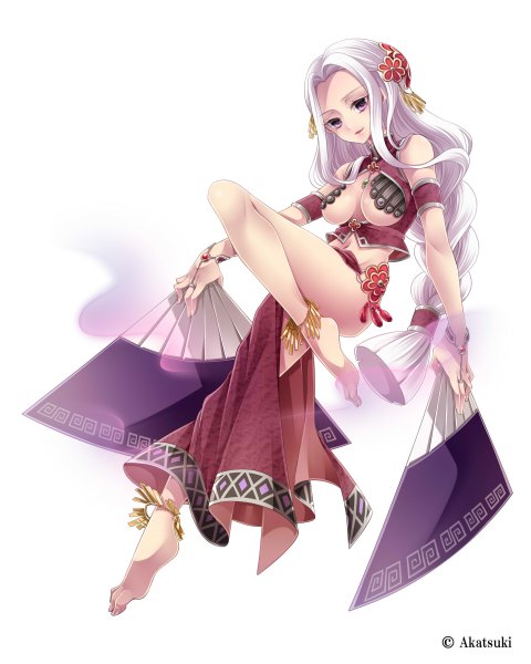 Anime picture 1920x2400 with original takamiya ren single long hair tall image looking at viewer highres breasts light erotic white background purple eyes white hair braid (braids) barefoot bare legs girl dress fan