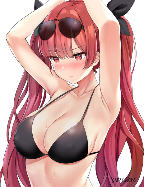 Anime picture 1496x1936 with azur lane honolulu (azur lane) honolulu (summer accident?!) (azur lane) kaetzchen single long hair tall image blush fringe breasts light erotic simple background red eyes large breasts white background twintails signed looking away upper body red hair