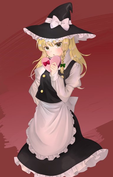 Anime picture 1310x2048 with touhou kirisame marisa enri (pixiv36427157) single long hair tall image open mouth simple background blonde hair yellow eyes braid (braids) long sleeves :o puffy sleeves side braid red background frilly skirt valentine girl skirt