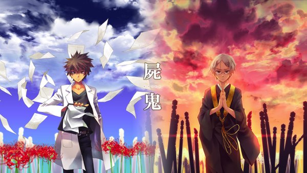 Anime picture 1511x853 with shiki muroi seishin ozaki toshio short hair brown hair wide image sky cloud (clouds) white hair boy glasses paper higanbana