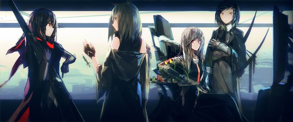 Anime picture 1600x670 with original pixiv fantasia pixiv fantasia t lowlight kirilenko long hair short hair black hair red eyes brown hair wide image standing sitting bare shoulders multiple girls green eyes yellow eyes long sleeves from behind wide sleeves city