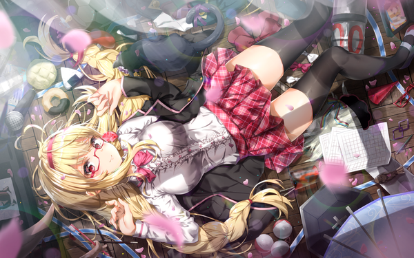 Anime picture 2105x1316 with virtual youtuber moroboshi meroko moroboshi meroko (character) kuria (clear trip second) single long hair looking at viewer blush fringe highres breasts blonde hair smile red eyes holding indoors lying braid (braids) pleated skirt from above