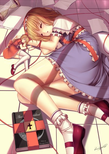Anime picture 1300x1837 with touhou alice margatroid shanghai caidychen tall image short hair blonde hair eyes closed sleeping girl bow hair bow hairband clock doll (dolls) thread red thread hourglass