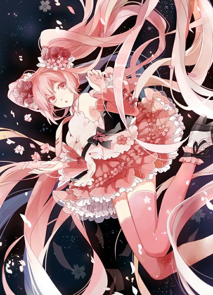 Anime picture 720x1000 with vocaloid hatsune miku sakura miku michi (iawei) single long hair tall image looking at viewer fringe twintails pink hair pink eyes hair flower zettai ryouiki frilly skirt weightlessness girl thighhighs skirt hair ornament