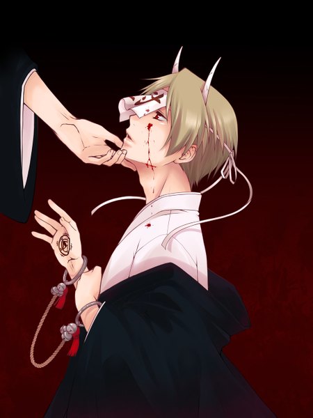 Anime picture 1000x1333 with natsume yuujinchou brains base (studio) natsume takashi greenishrose tall image short hair blonde hair simple background red eyes traditional clothes japanese clothes horn (horns) tattoo boy kimono blood eyepatch handcuffs