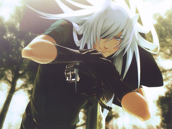 Anime picture 2001x1500 with lamento nitro+chiral rai single long hair highres animal ears white hair light smile scan gloves weapon sword elbow gloves eyepatch branch