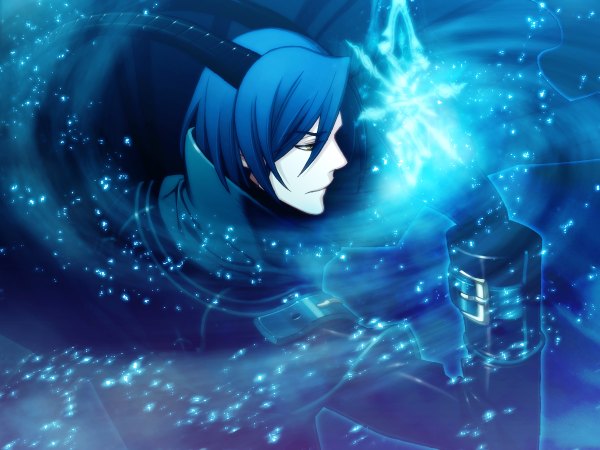 Anime picture 2400x1800 with lamento nitro+chiral kaltz single highres short hair yellow eyes blue hair looking away horn (horns) magic blue background demon boy