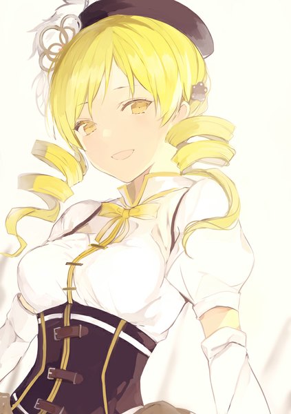 Anime picture 656x930 with mahou shoujo madoka magica shaft (studio) tomoe mami lpip single long hair tall image looking at viewer fringe breasts simple background blonde hair twintails yellow eyes head tilt puffy sleeves low twintails drill hair underbust girl