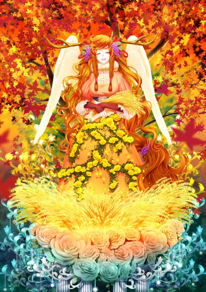 Anime picture 1000x1414 with original uniikura single tall image open mouth smile braid (braids) eyes closed very long hair parted lips horn (horns) blurry orange hair twin braids angel wings ^ ^ hands clasped autumn ^o^ antlers