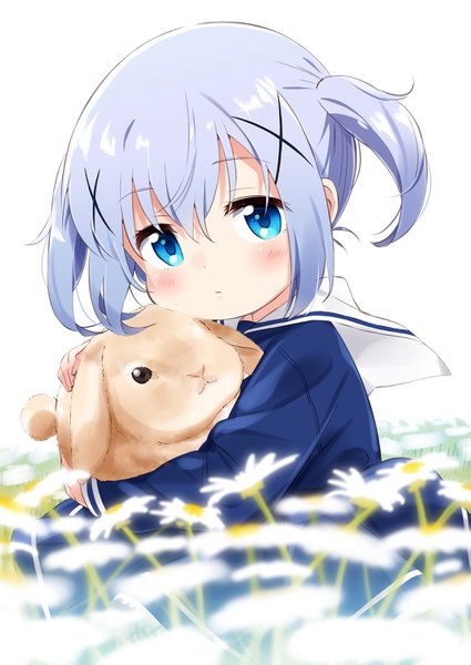 Anime picture 2149x3035 with gochuumon wa usagi desu ka? white fox kafuu chino mousou (mousou temporary) single tall image looking at viewer blush fringe highres short hair blue eyes simple background hair between eyes white background twintails holding payot blue hair upper body