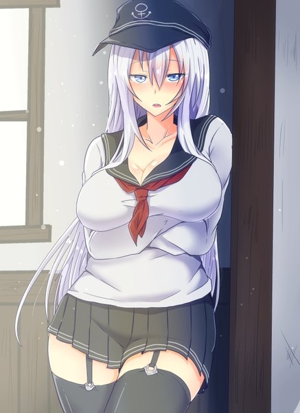Anime picture 583x800 with kantai collection hibiki destroyer i b b e single long hair tall image looking at viewer blush fringe breasts blue eyes light erotic hair between eyes large breasts cleavage silver hair indoors parted lips zettai ryouiki crossed arms