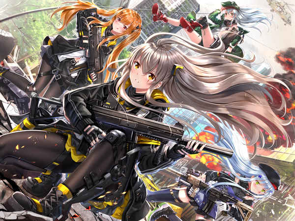 Anime picture 2200x1650 with girls frontline hk416 (girls frontline) ump45 (girls frontline) ump9 (girls frontline) g11 (girls frontline) swordsouls long hair blush fringe highres hair between eyes red eyes brown hair twintails multiple girls holding green eyes yellow eyes payot looking away