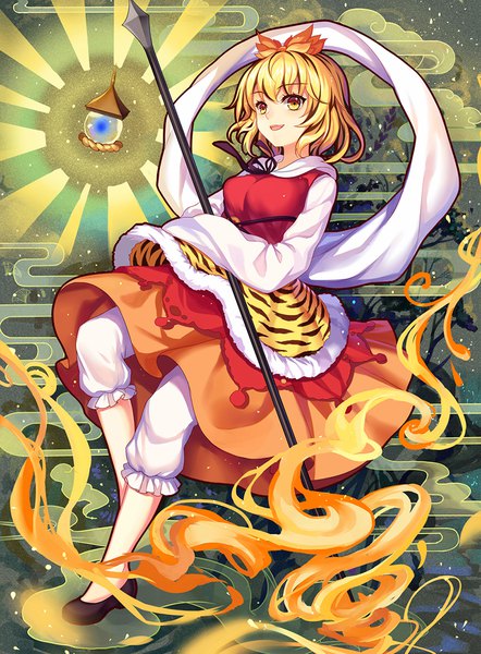 Anime-Bild 800x1086 mit touhou toramaru shou mirror (xilu4) single tall image looking at viewer short hair open mouth blonde hair yellow eyes full body midair girl weapon flame knickers polearm