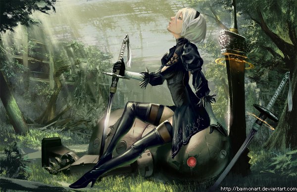 Anime picture 1200x776 with nier nier:automata yorha no. 2 type b baimon single fringe short hair hair between eyes sitting holding signed full body bent knee (knees) outdoors white hair profile sunlight mole arm support grey eyes