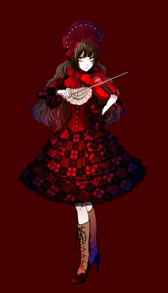 Anime picture 461x800 with original shikishima (eiri) single long hair tall image looking at viewer simple background brown hair standing brown eyes red background girl dress red dress musical instrument ascot violin bow (instrument)