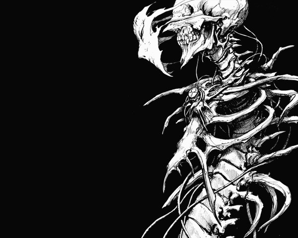 Anime picture 1280x1024 with biomega simple background black background skeleton bone (bones) skull