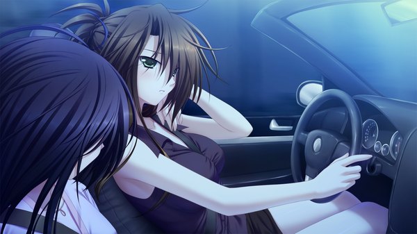 Anime picture 1280x720 with dare ga koroshita komadori wo ugi kotori kawano ran mahiro takeumi long hair black hair wide image multiple girls green eyes game cg night car interior girl 2 girls ground vehicle car convertible