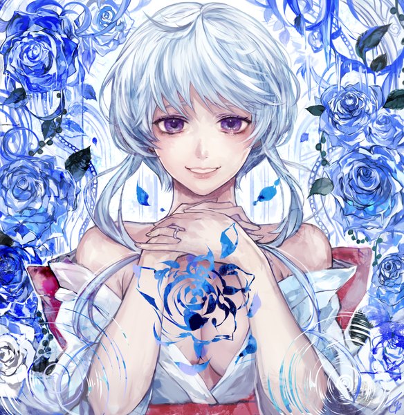 Anime picture 1000x1028 with jigoku sensei nube yukime (jigoku sensei nube) tcb (pixiv) single long hair tall image looking at viewer fringe open mouth light erotic smile purple eyes bare shoulders silver hair ahoge traditional clothes japanese clothes off shoulder girl flower (flowers)