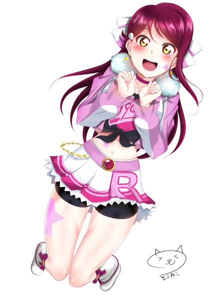 Anime picture 1722x2435 with love live! sunshine!! sunrise (studio) love live! sakurauchi riko souneko 123 single long hair tall image looking at viewer blush highres open mouth simple background smile white background signed yellow eyes full body bent knee (knees) red hair