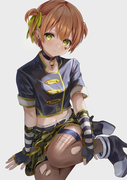 Anime picture 627x885 with love live! school idol project sunrise (studio) love live! hoshizora rin hinami riku single tall image looking at viewer fringe short hair simple background sitting green eyes orange hair grey background arm support midriff high heels two side up piercing
