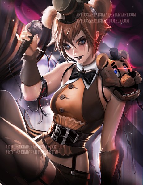 Anime picture 695x900 with five nights at freddy's freddy fazbear sakimichan single tall image looking at viewer fringe short hair breasts blue eyes brown hair holding signed animal ears lips realistic teeth lipstick watermark electricity