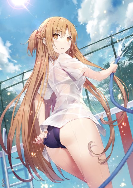 Anime picture 855x1200 with sword art online a-1 pictures yuuki asuna gabiran single long hair tall image blush open mouth light erotic brown hair holding brown eyes signed sky cloud (clouds) outdoors ass looking back from behind